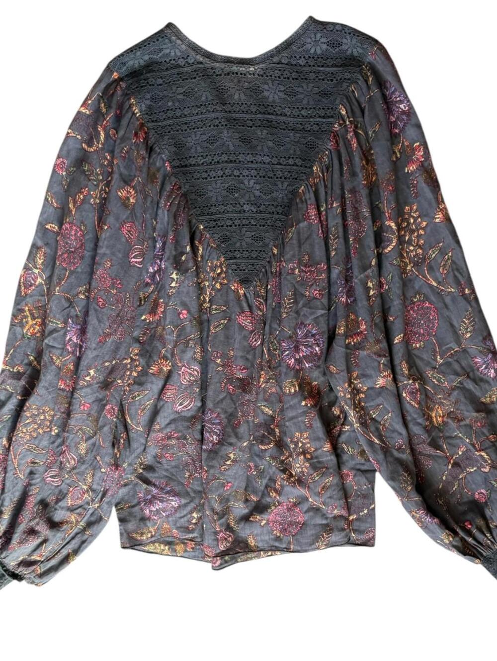 Boho Floral Embroidered Lace Peasant Blouse Gray Long Sleeve Festival Top XS